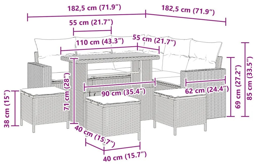 8 darabos Kerti Sofa Szett Párnákkal Bézs Poli Rattan Akác, 3 darabos Kerti Étkező Szett Párnákkal Bézs Poli Rattan Akác