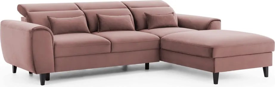 Rózsaszín bársony kinyitható-tárolóhelyes sarokkanapé (jobb oldali-heverő résszel) Foble – ELTAP