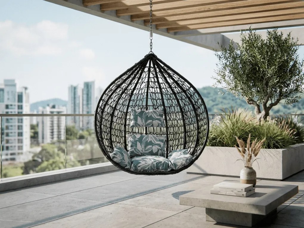 Fekete függőszék KOKON állvány nélkül, zöld-fehér párna