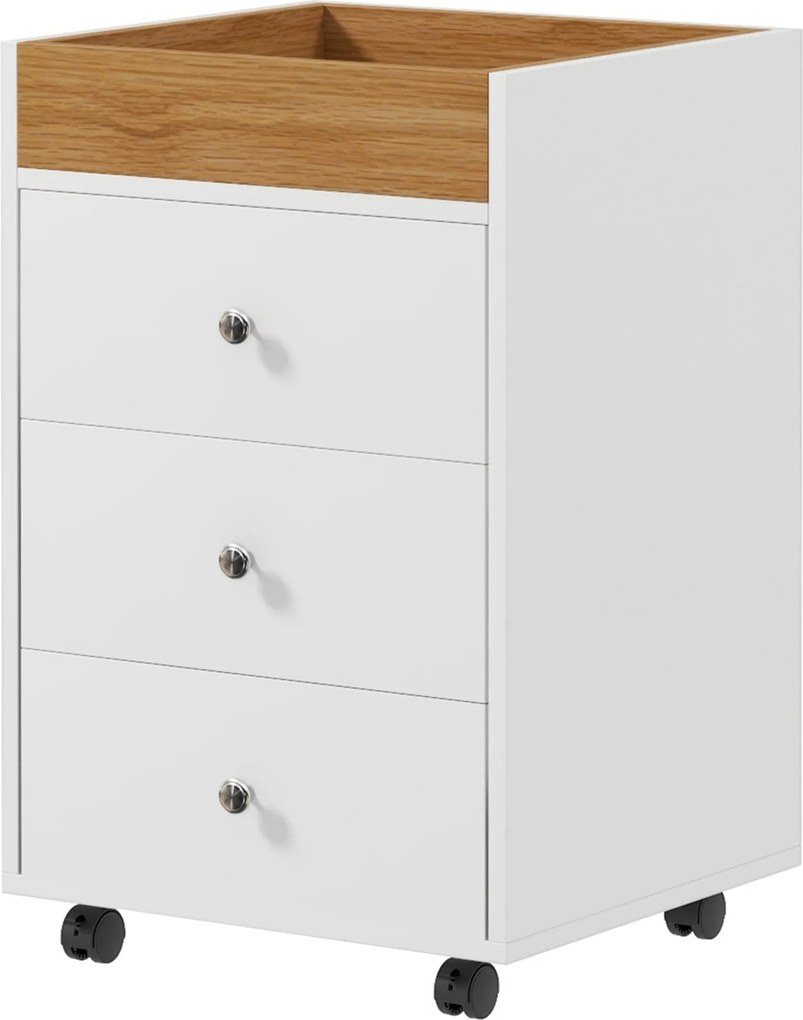 HOMCOM Irodai Fiókos Szekrény 4 Kerekekkel, 3 Fiókkal és 1 Kivehető Tállal, 30 kg Kapacitás Tanulmányi Szobához, 43x40x66.5 cm, Fehér és Natúr | Aosom