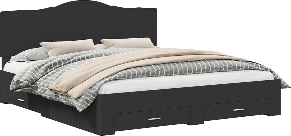 vidaXL Ágykeret fejtámlával fiókkal Fekete 200 x 200 cm Faanyag
