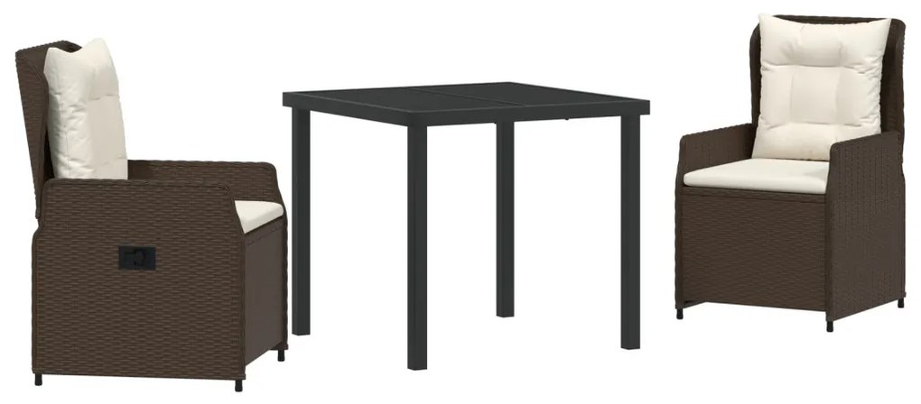 3 Részes Kerti Étkezőszett Barna Polirattan, Kerti Asztal Fekete 80x80x73 cm Edzett Üveg