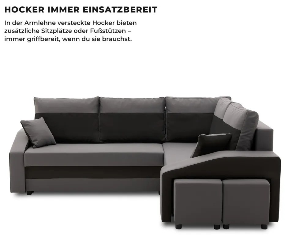 Grande sarokkanapé polcokkal és puffokkal , polc a bal karfaban puffok a jobb karfaban, jobboldali, szövet anyag, bonell töltet, szürke - fekete