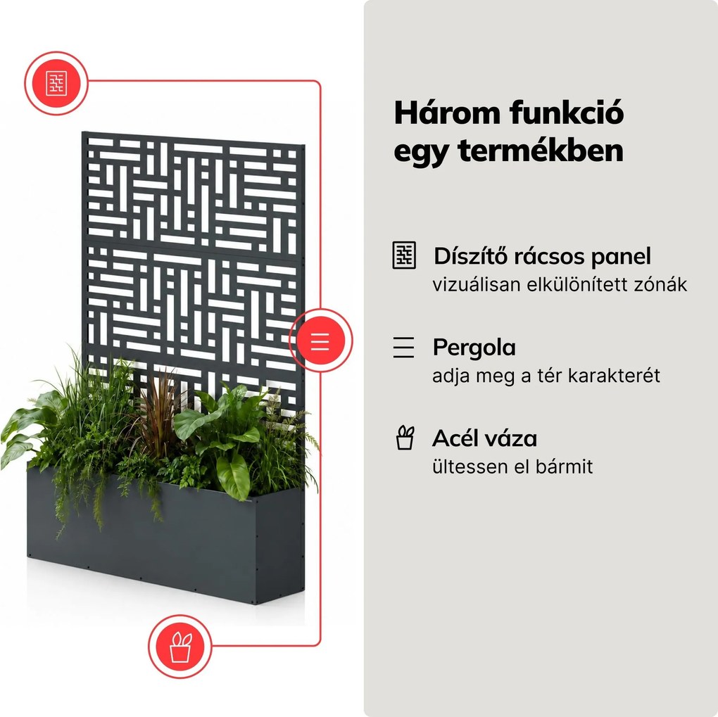 Fém kerti pergola virágládával 3in1, antracit, 1200x1800x300 mm: ROSE