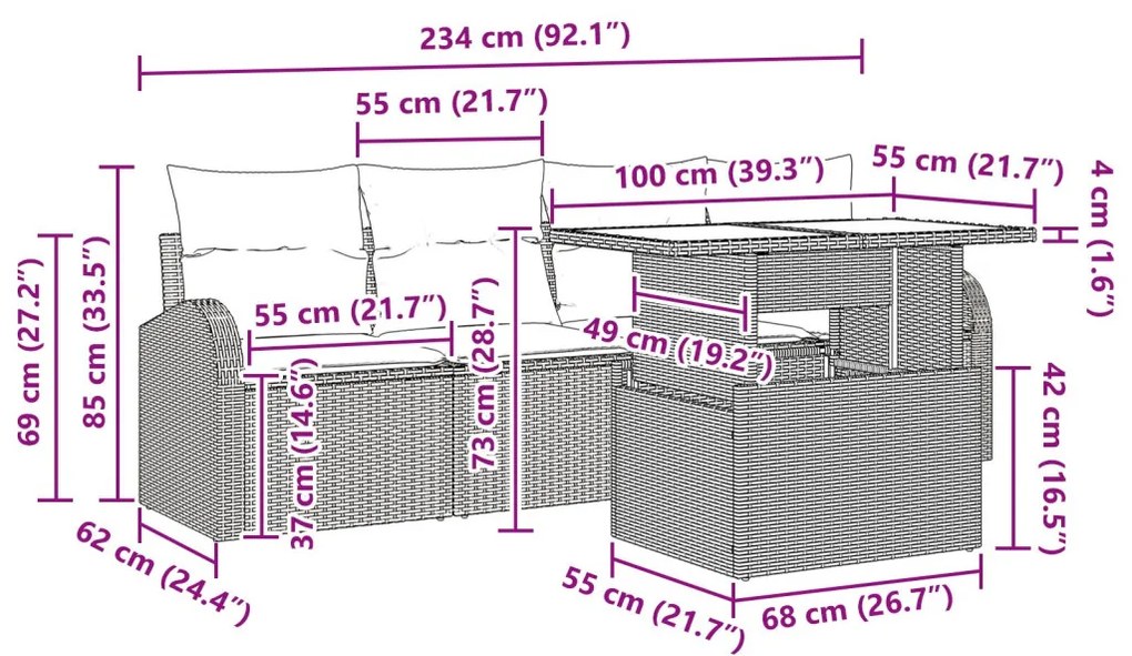 5 Részes Kert Kanapé Szett Párnákkal Világosszürke Poli Rattan