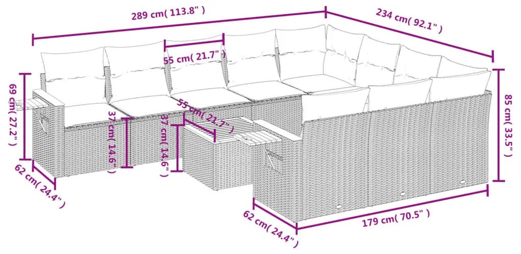 11 részes fekete polyrattan kerti ülőgarnitúra párnákkal