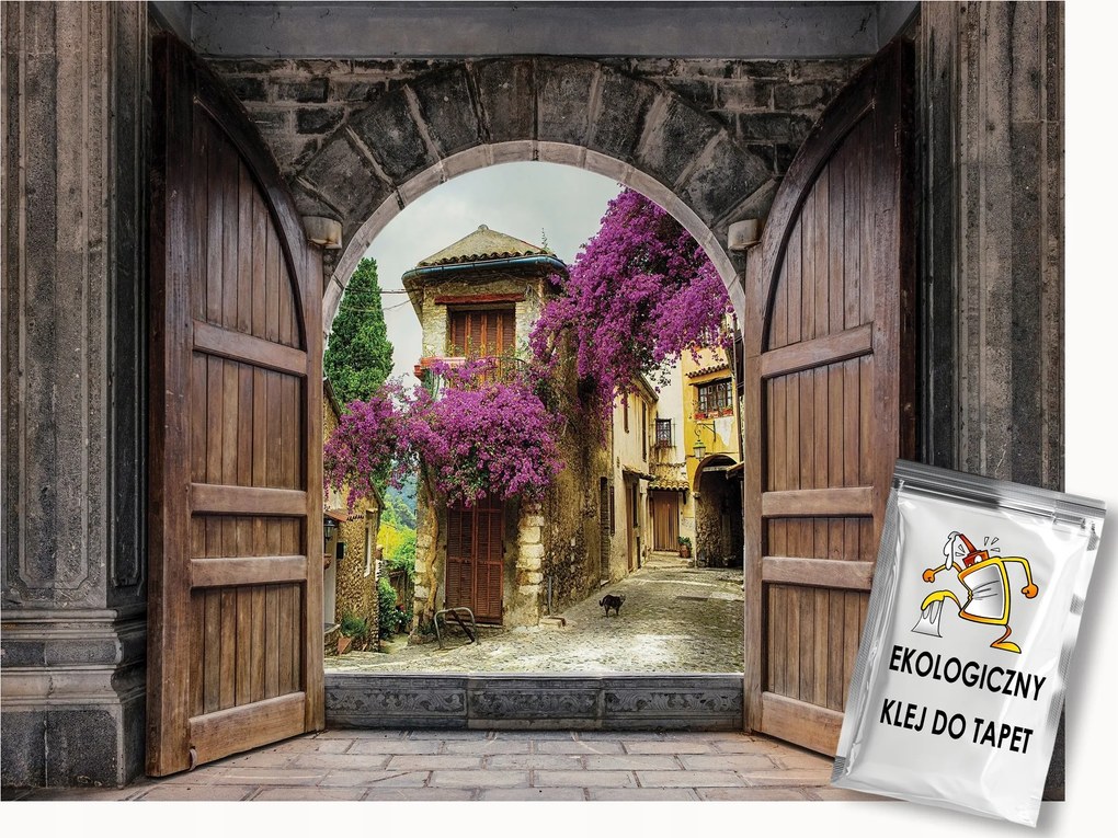 Fotótapéta Flizelina Ajtó Kilátás 3D Város Óváros Virágok 250x175 ragasztó