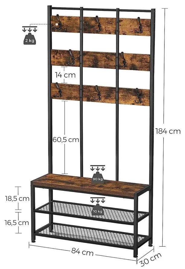 Kabáttartó 8 kampóval, ruhaállvány hálós polccal, rusztikus barna, fekete