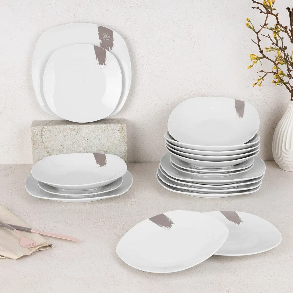 BerlingerHaus 18 darabos tányérkészlet Taupe,fehér-szürke
