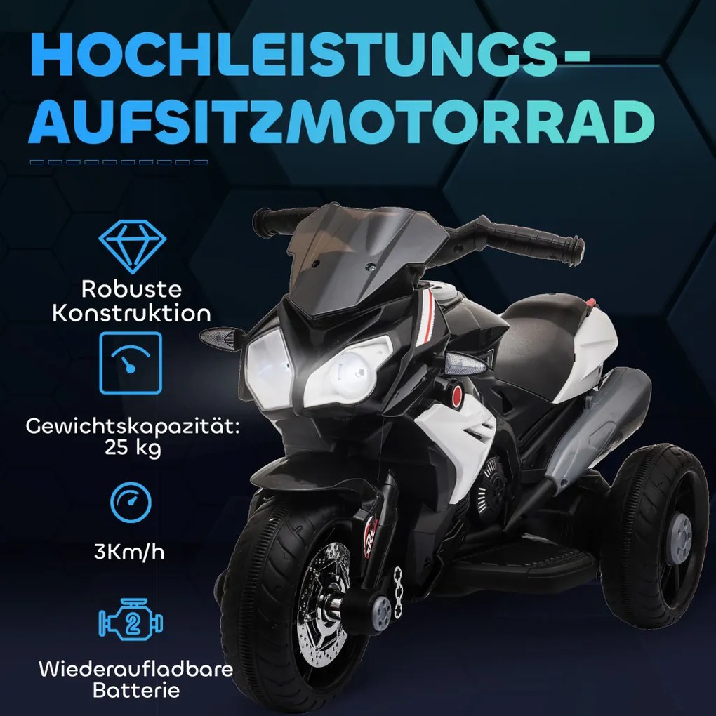 HOMCOM Elektromos Gyerekmotor, fények és hangok, 3 km/h, újratölthető, műanyag és fém, fekete-fehér
