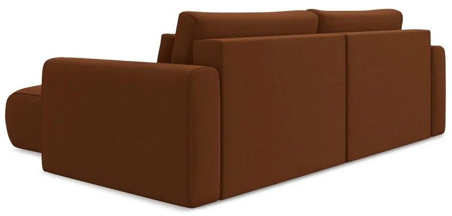 Terrakotta színű bársony kinyitható-tárolóhelyes sarokkanapé (jobb oldali-heverő résszel) Kapua – Makamii