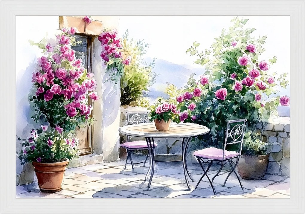 Poszter Keret Fa Tájkép Ház Terasz Kert Virágok Rózsák Hegyek 60x40