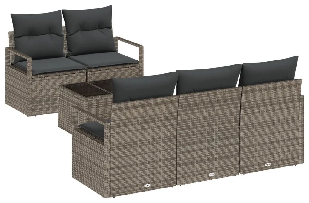 6 Részes Kerti Sofa Szett Párnákkal Szürke Polirattan, 2-Személyes Kerti Sofa Tárolóval &amp; Párnákkal Szürke Polirattan