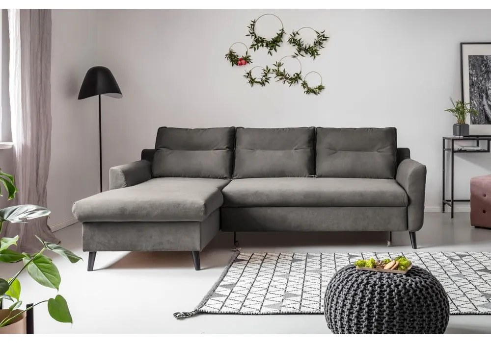 Stylish Stan sötétszürke kinyitható bársony sarokkanapé, bal oldali - Miuform