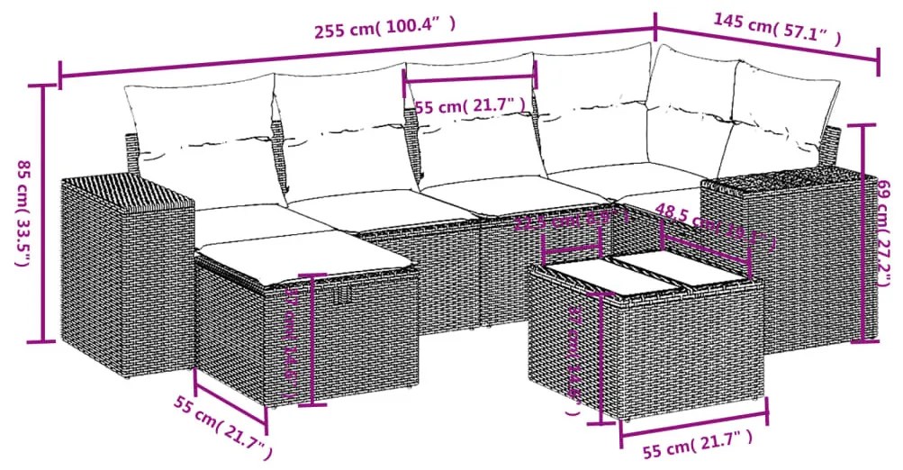 7 részes szürke polyrattan kerti ülőgarnitúra párnákkal