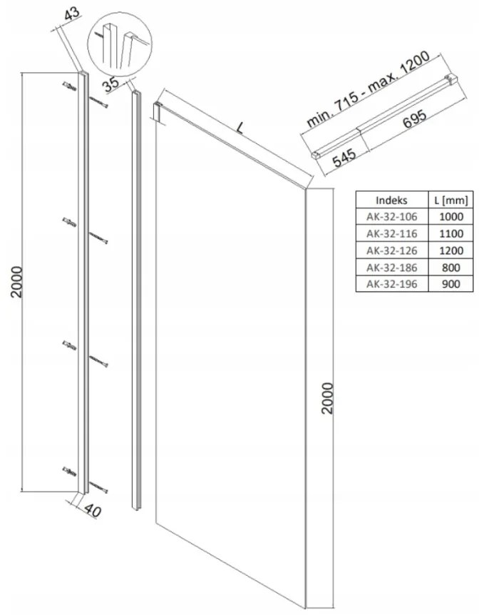 Invena Walk-In, zuhany paraván 120X200cm, 8mm átlátszó üveg, fekete profil, INV-AK-32-124-O