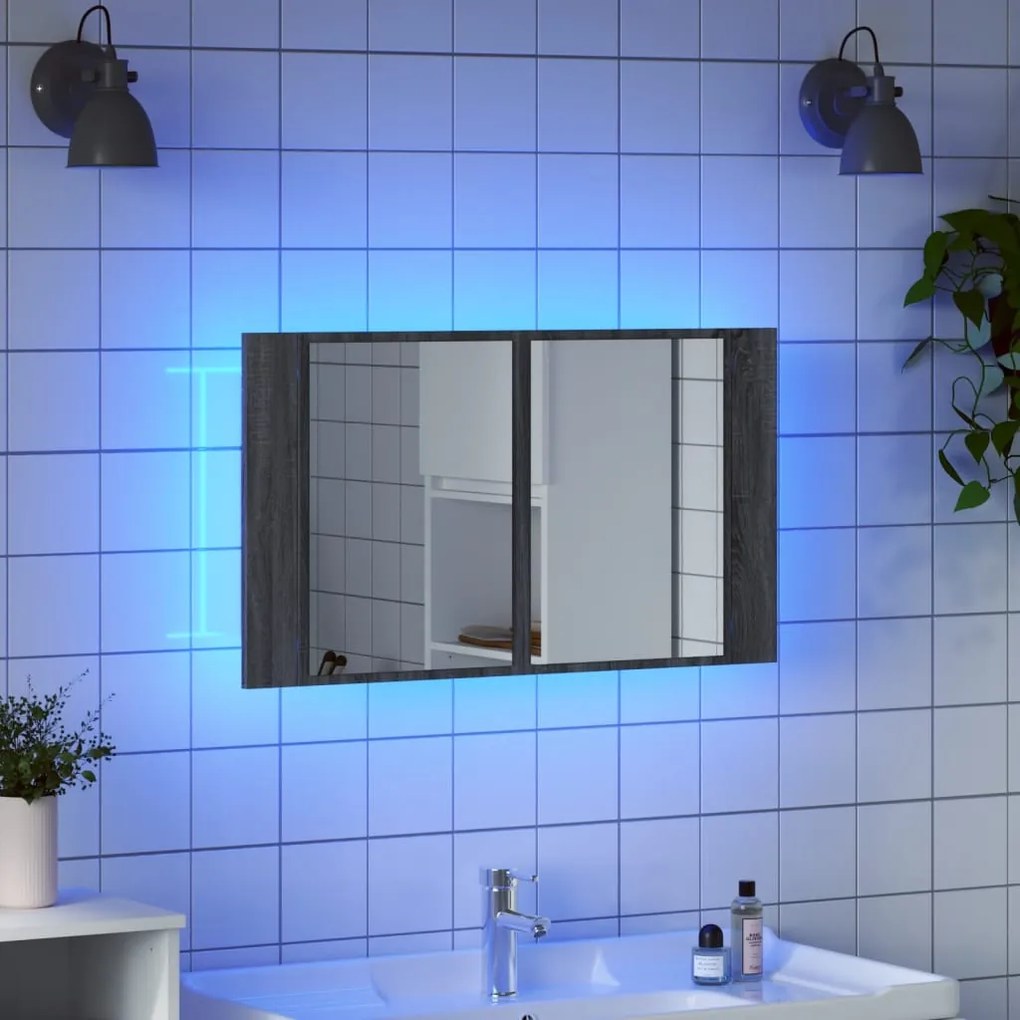 szürke sonoma akril LED-es tükrös fürdőszobaszekrény 80x12x45cm