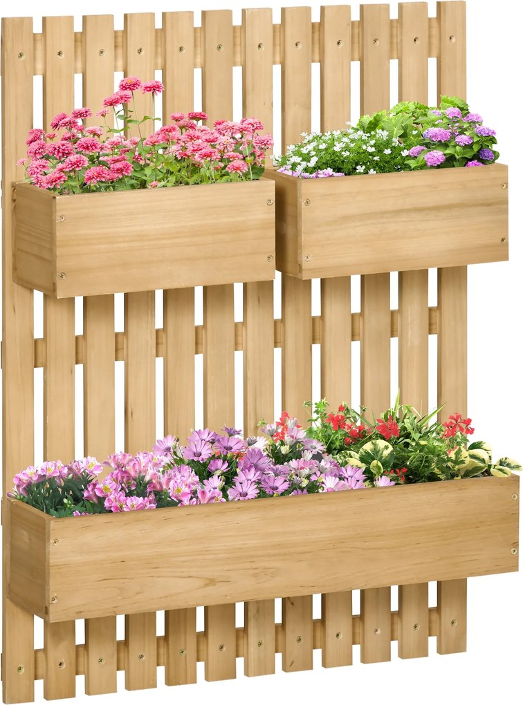 Outsunny Függőleges Fali Virágtartó Rácsos Fa Virágtartó 3 Mobil Csereppel és Draináló Nyílással Kerti Teraszhoz 60x16x80 cm Természetes | Aosom