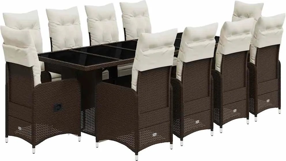 vidaXL 11 részes barna polyrattan kerti bisztrógarnitúra párnákkal