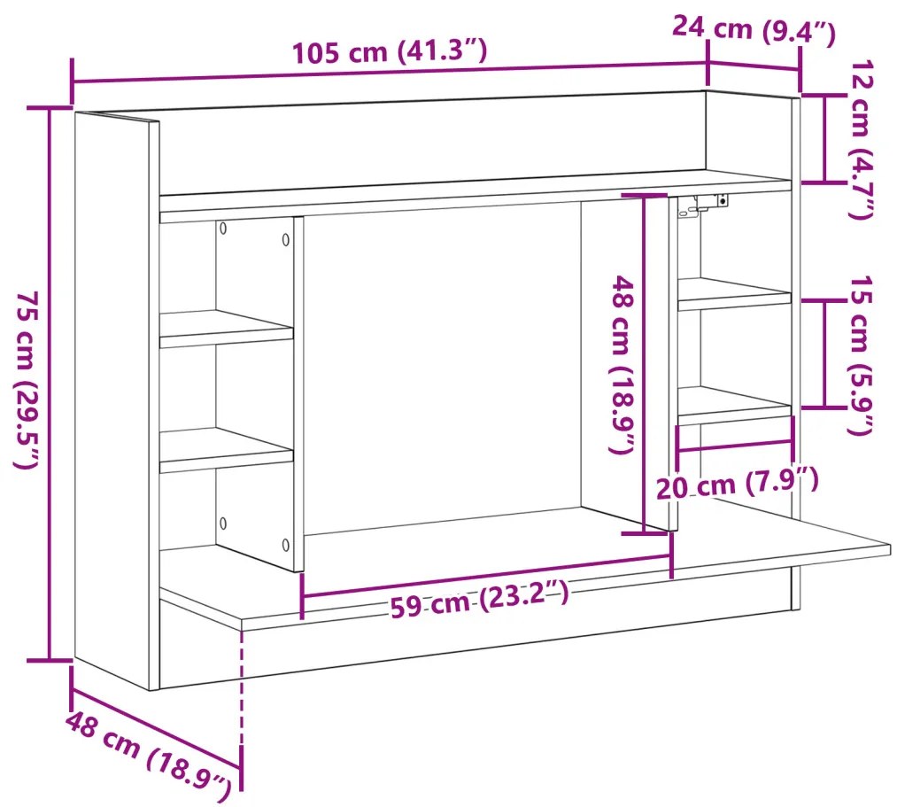 vidaXL falra szerelhető íróasztal fekete tölgy 105x48x75 cm szerelt fa