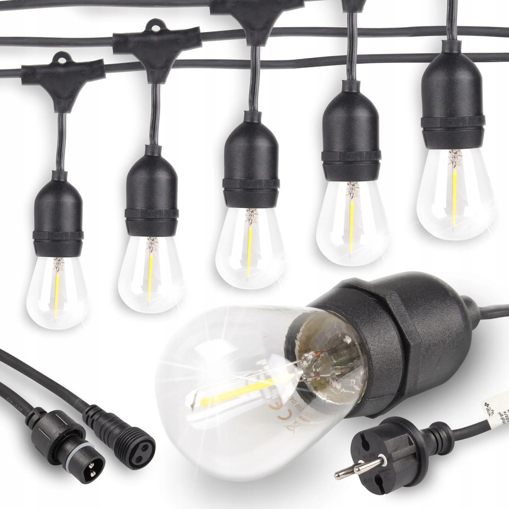 Kerti Fényfüzér Led 10M IP65 Izzók G45 1W 2700K Fekete