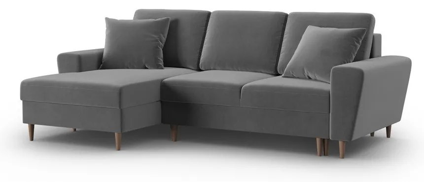 Világosszürke bársony kinyitható tárolóhelyes sarokkanapé (bal oldali-heverő résszel) Kyoto – Cosmopolitan Design