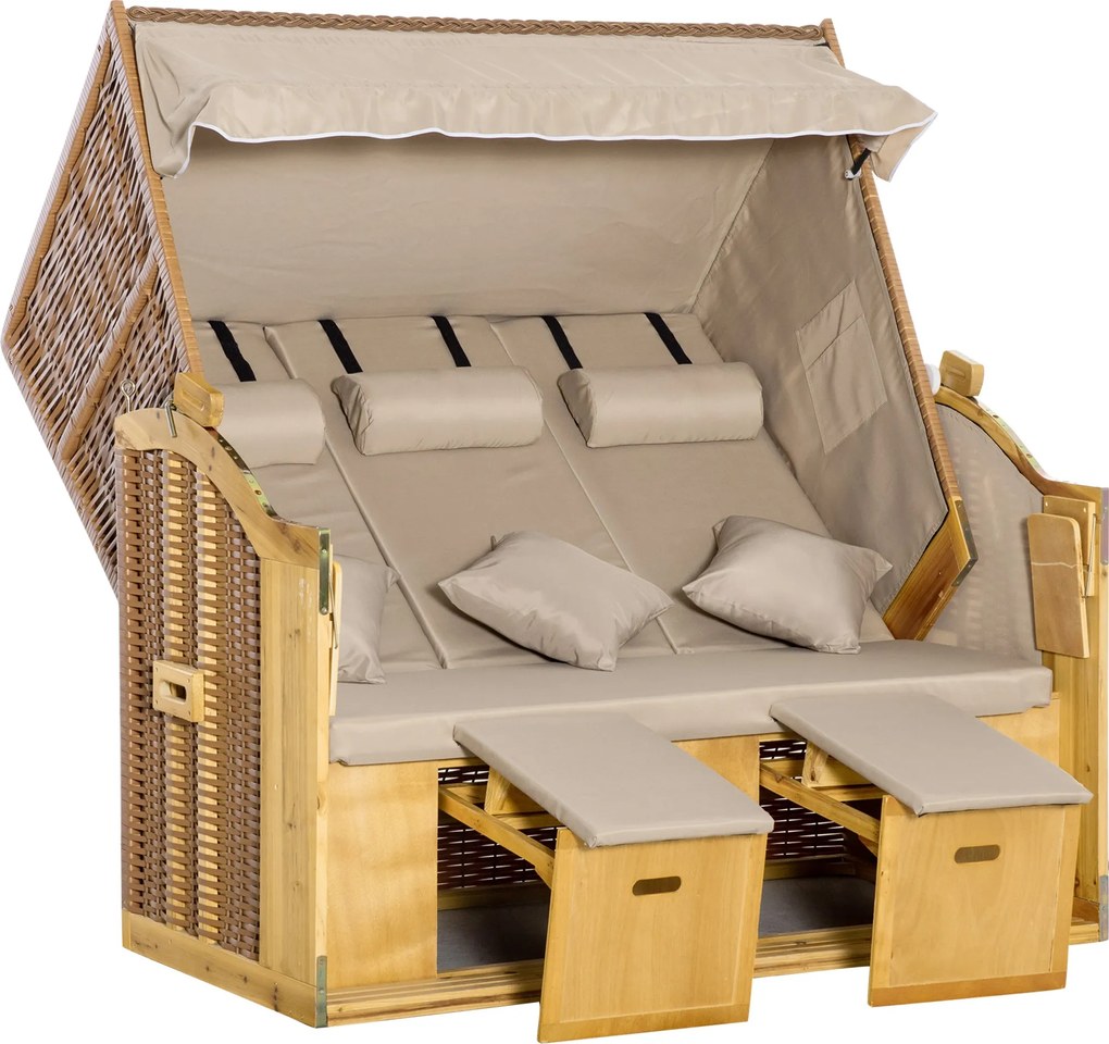 Outsunny 3-személyes napozóágy tetővel - XXL poli rattan, természetes - 150 x 79 x 160 cm | Aosom