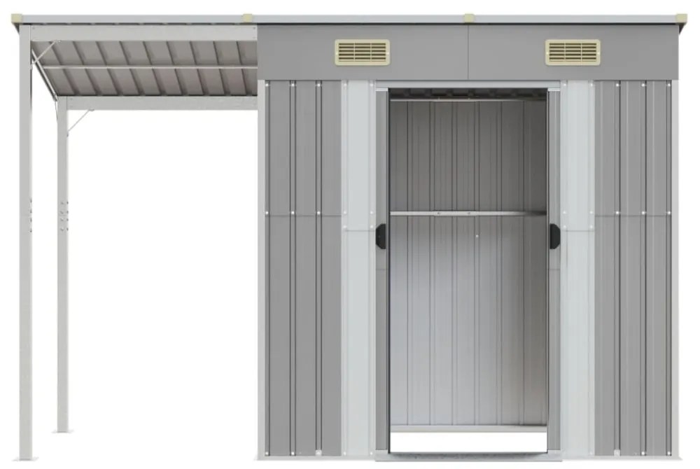 világosszürke acél kerti fészer meghosszabbított tetővel 277 x 107 x 181 cm