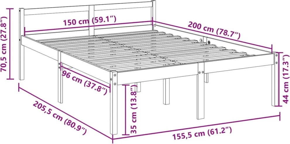King Size fehér tömör fenyőfa ágy időseknek 150 x 200 cm