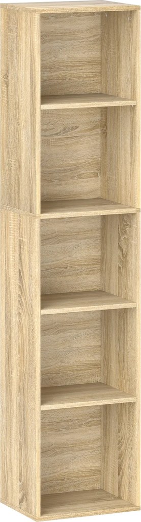 HOMCOM Könyvespolc, 5-Rétegű Tárolópolc, állítható polcokkal a nappaliba, hálószobába, irodába, 30 x 24 x 133,5 cm, Természetes Fa | Aosom