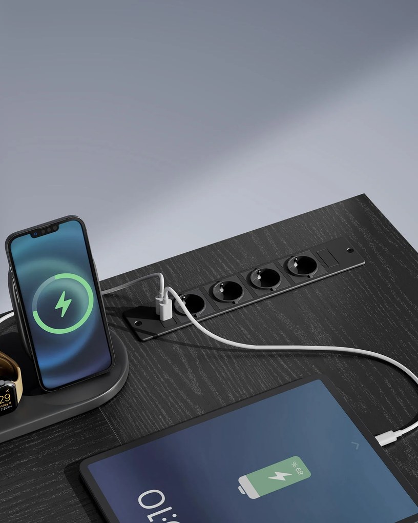 L alakú sarokíróasztal LED világítással, 4 konnektorral, 2 USB-porttal és monitorállvánnyal, 150 x 120 x 76 cm, fekete