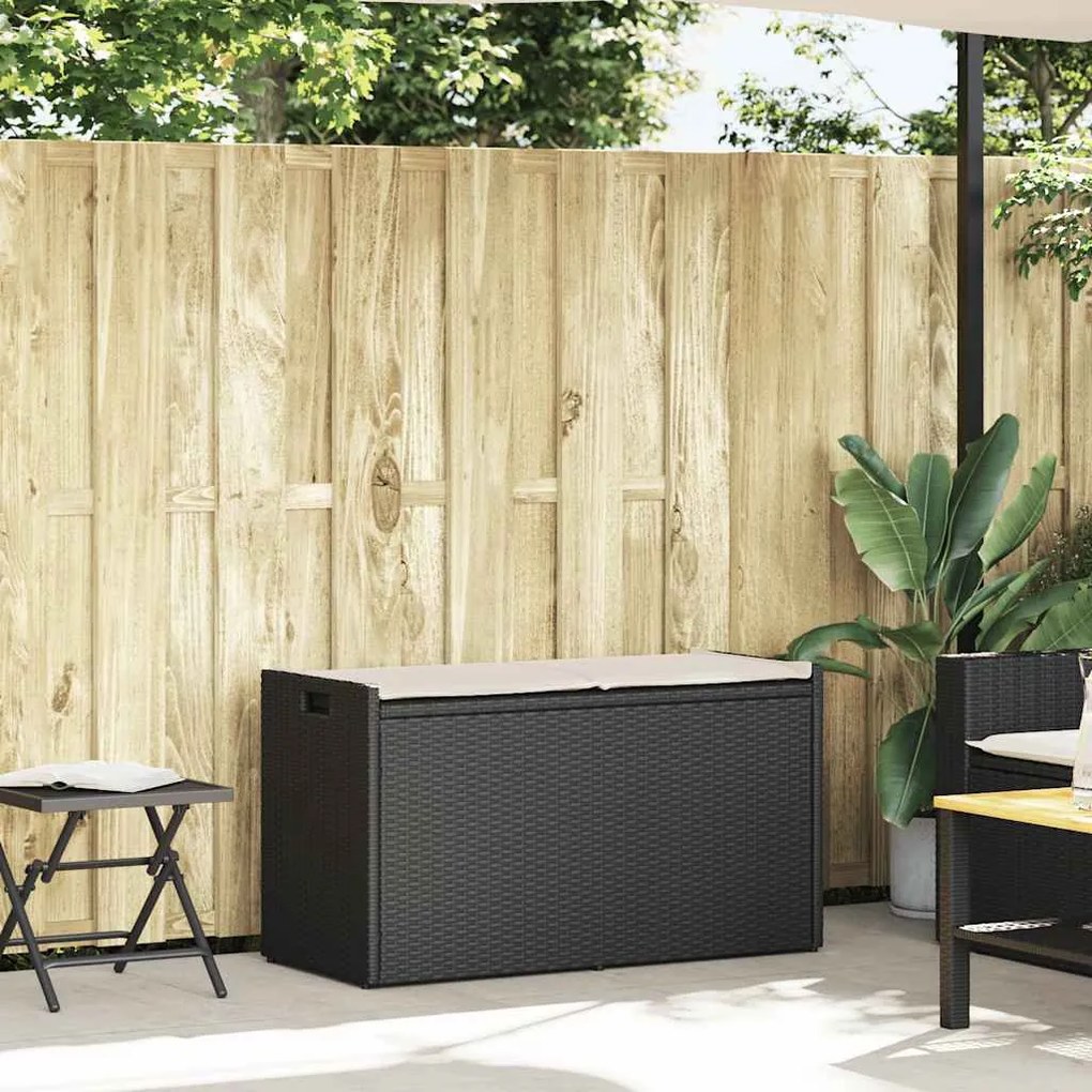 Fekete polyrattan kültéri tárolópad párnával 100 cm