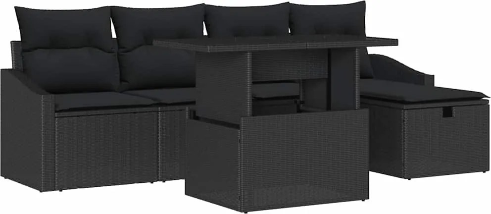 vidaXL Kerti Kanapé Szett párnával tárolóval 6 pcs Fekete Poli rattan