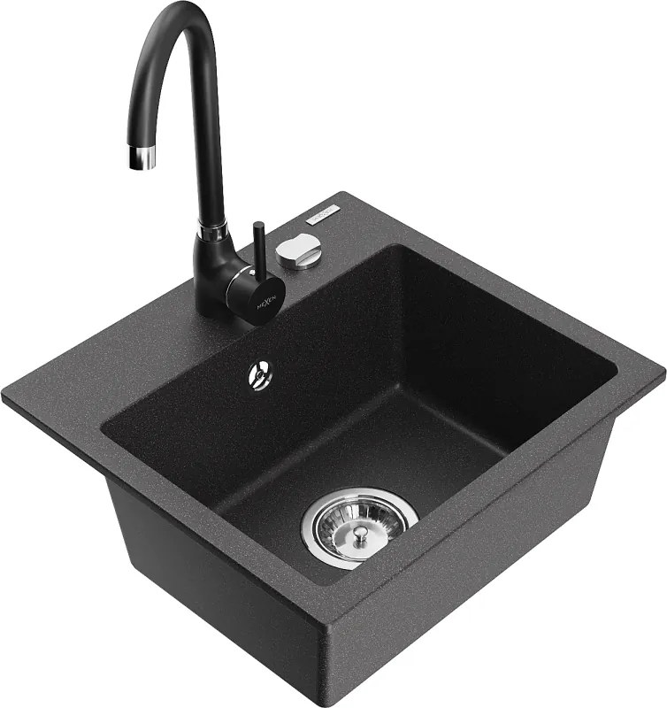 Mexen Milo egytálcás gránit mosogató és Telma konyhai csaptelep, fekete pöttyös - 6505-76-670200-70