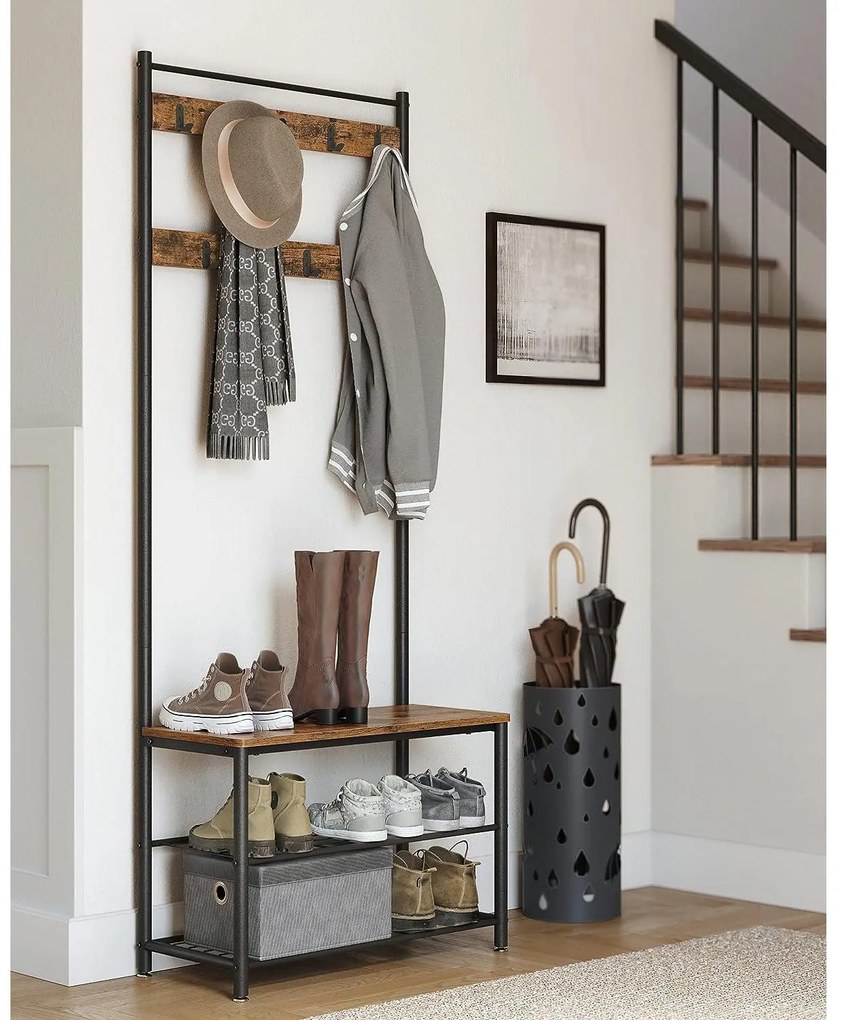 Kabáttartó, ruhafogas cipőtárolóval, rusztikus barna