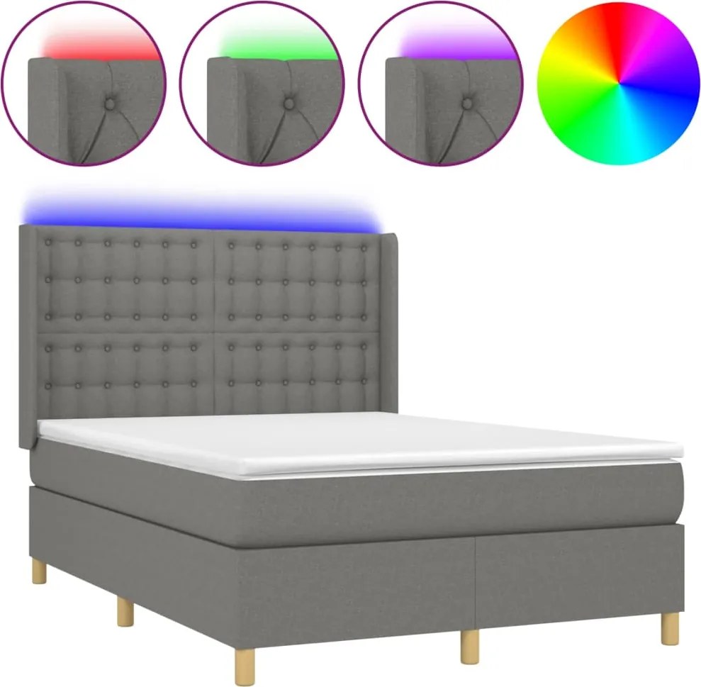 vidaXL sötétszürke szövet rugós és LED-es ágy matraccal 140x190 cm