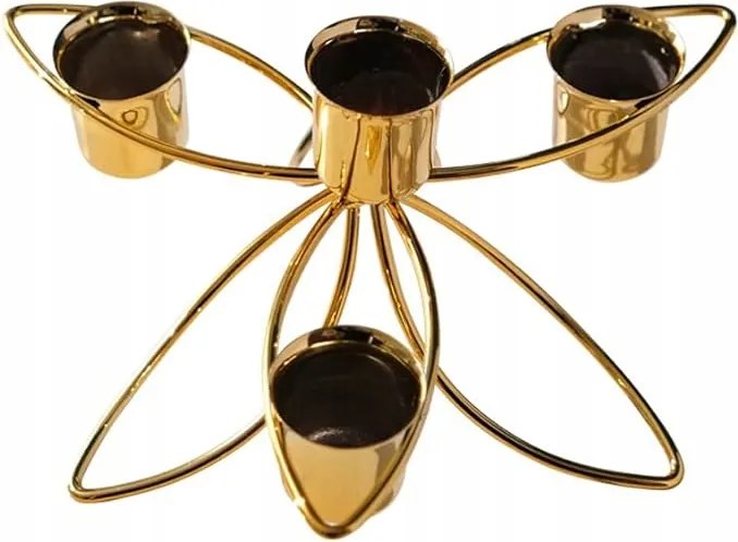 Gyertyatartó 4 karos fém virágállvánnyal, asztaldísz, arany