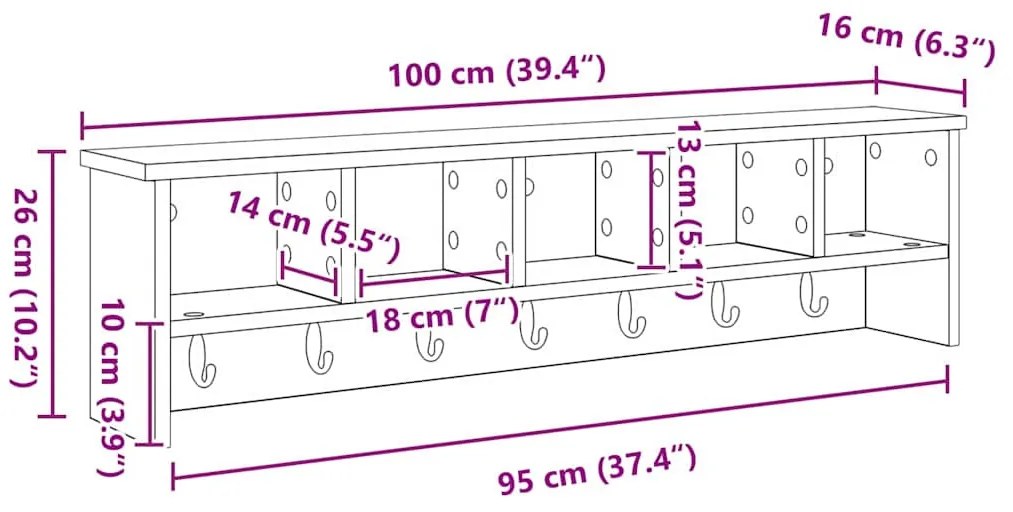 Fali Kabáthorog polcokkal Beton szürke 100 x 16 x 26 cm Faanyag