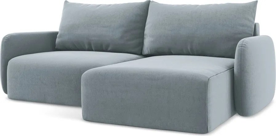 Kék bársony kinyitható-tárolóhelyes sarokkanapé (jobb oldali-heverő résszel) Kalena – Makamii