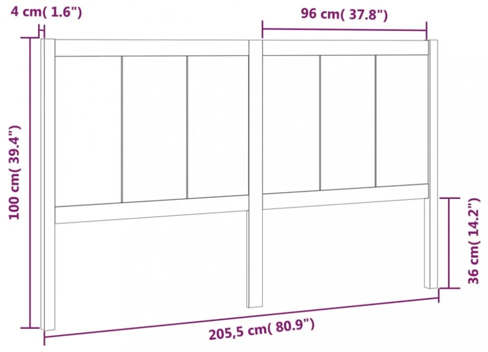 fekete tömör fenyőfa ágyfejtámla 205,5 x 4 x 100 cm