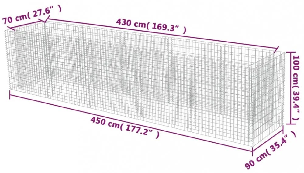 horganyozott acél gabion magaságyás 450 x 90 x 100 cm