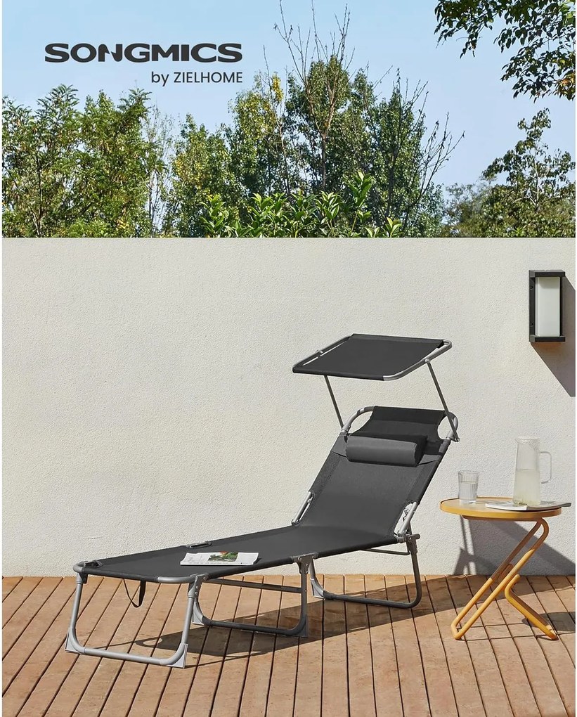 Összecsukható napozóágy napellenzővel 53 x 193 x 29,5 cm, 150 kg-ig terhelhető, sötétszürke