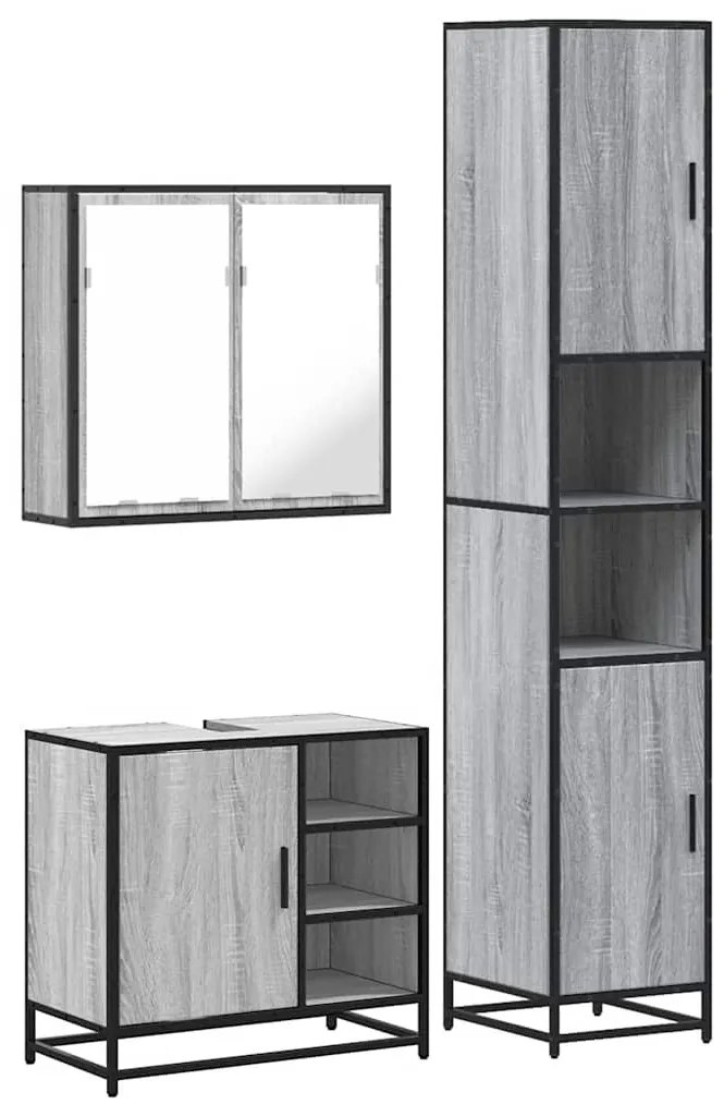 3 részes szürke sonoma színű szerelt fa fürdőszobai bútorszett