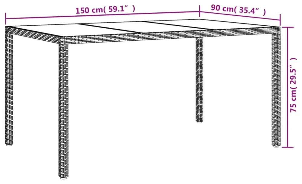 barna polyrattan és edzett üveg kerti asztal 150 x 90 x 75 cm