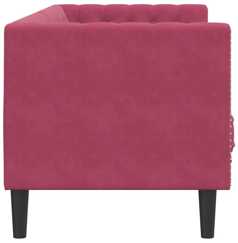 3 személyes bordó bársony Chesterfield kanapé hengerpárnákkal