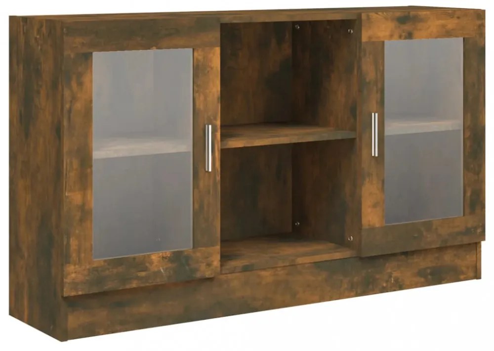 füstös tölgy színű szerelt fa vitrinszekrény 120 x 30,5 x 70 cm