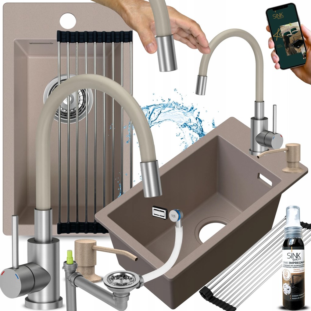 Egykamrás Mosogató Gránit bézs, flexibilis csaptelep Kicsi Keskeny