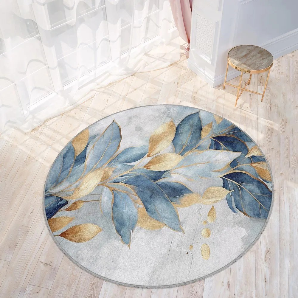 Kék-aranyszínű mosható kerek szőnyeg ø 80 cm Golden Leaves – Mila Home