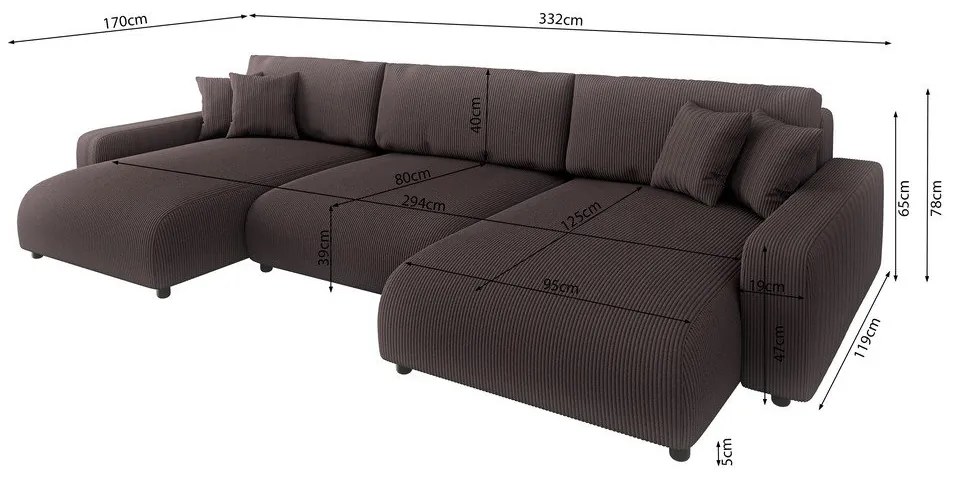 Barna kordbársony kinyitható tárolóhelyes sarokkanapé Sara – Ropez