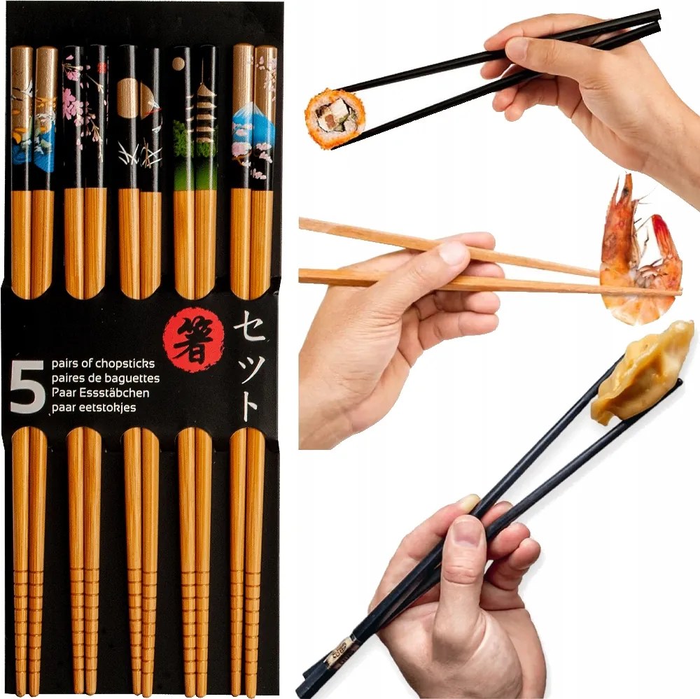 Világos Fa Pálcikák Fekete-Arany Japán Motívum Sushihoz 5 pár 22,5cm